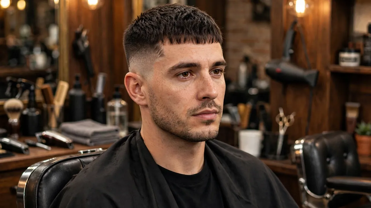 French crop haircut for oblong face men with textured fringe in a barbershop