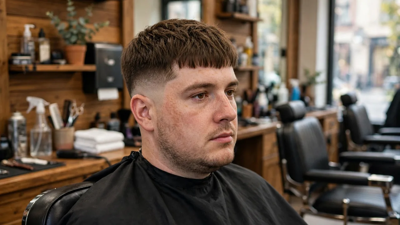 French crop haircut with textured fringe for oblong face men