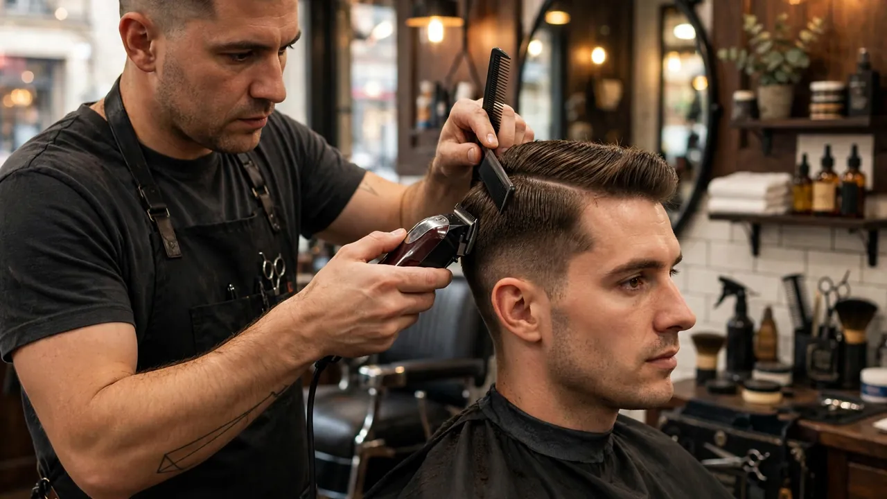 Barber cutting a side part haircut for long face men