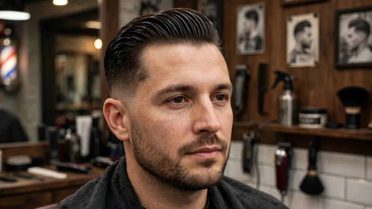 Slick back haircut on a man with an oval face
