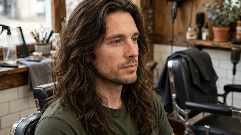 Man with healthy long hair after a long hair care routine at a barbershop