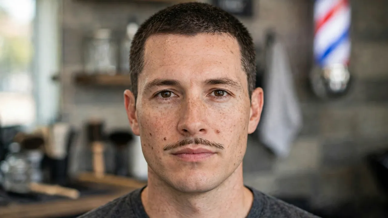 Thin pencil moustache style for men as a narrow line above the lip