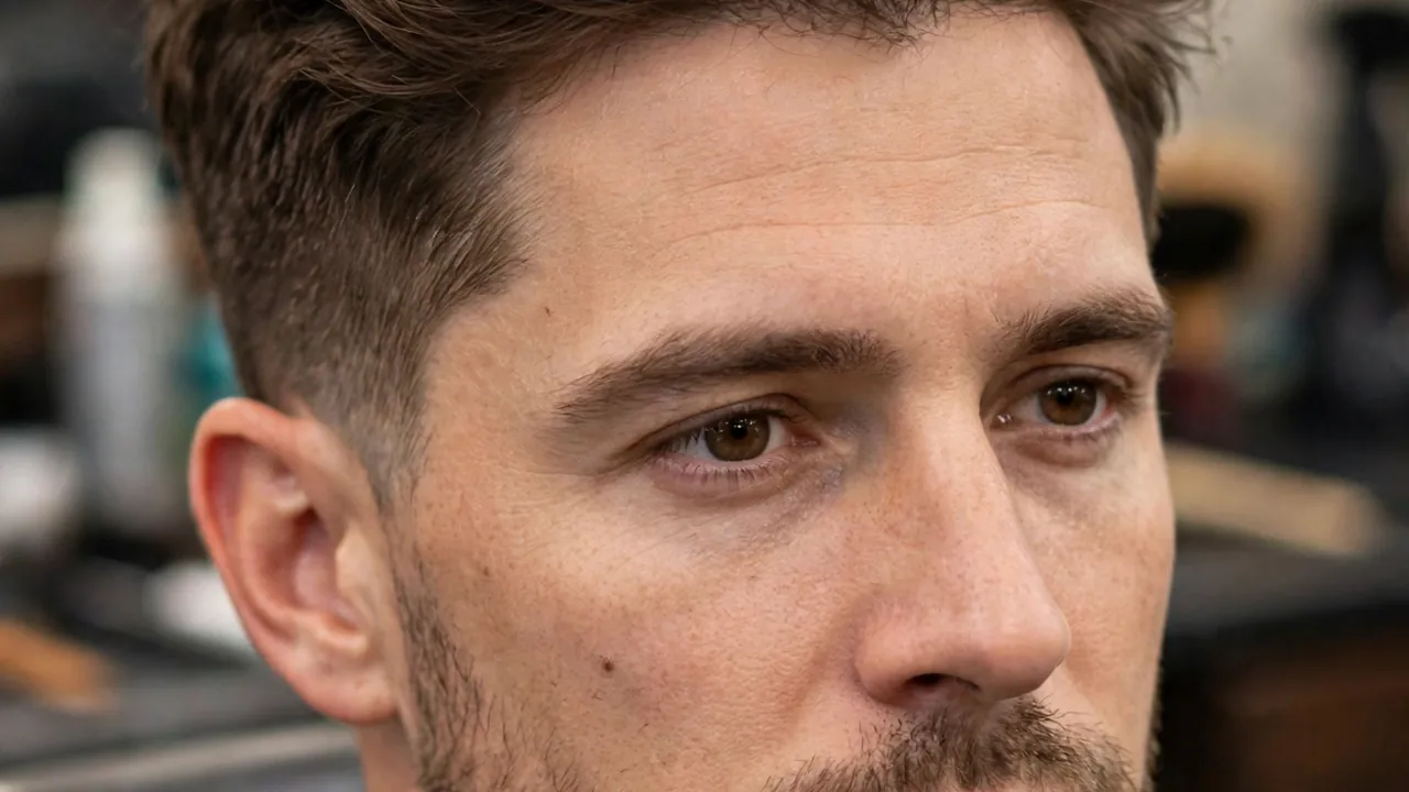 Textured modern pompadour with piecey tousled volume on top and tapered sides