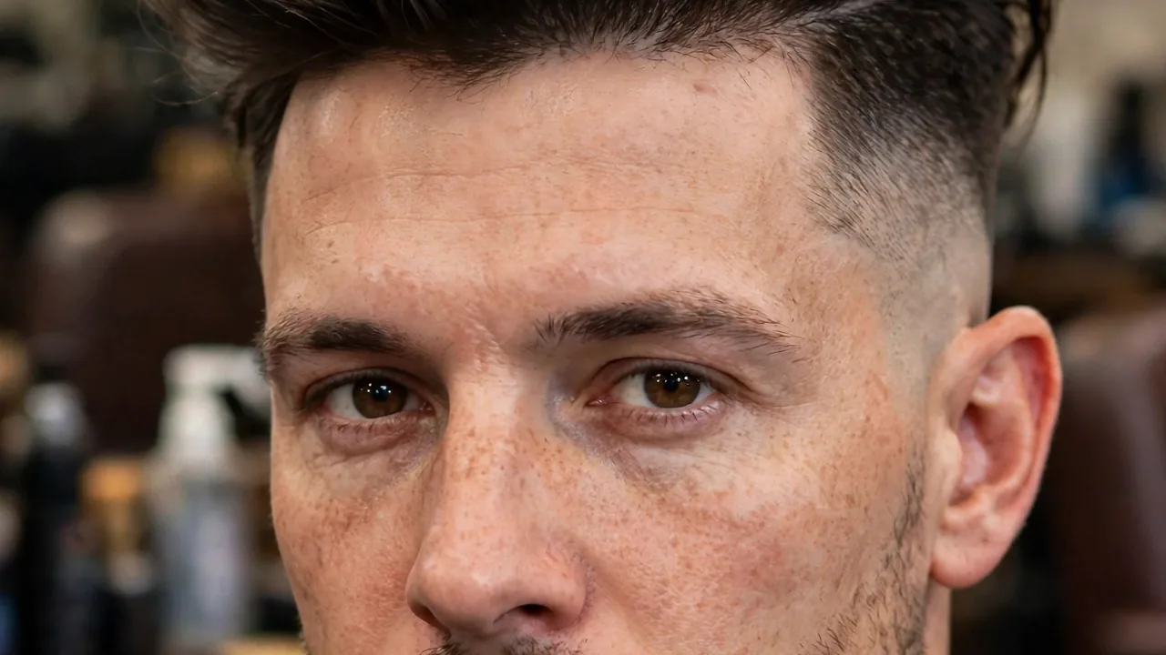 Modern pompadour with an undercut, long swept-back top over sharp undercut sides