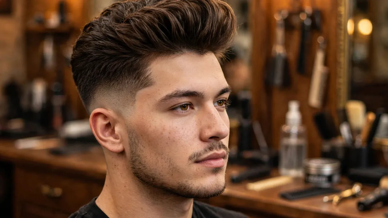 Modern pompadour haircut with volume swept up and back and faded sides