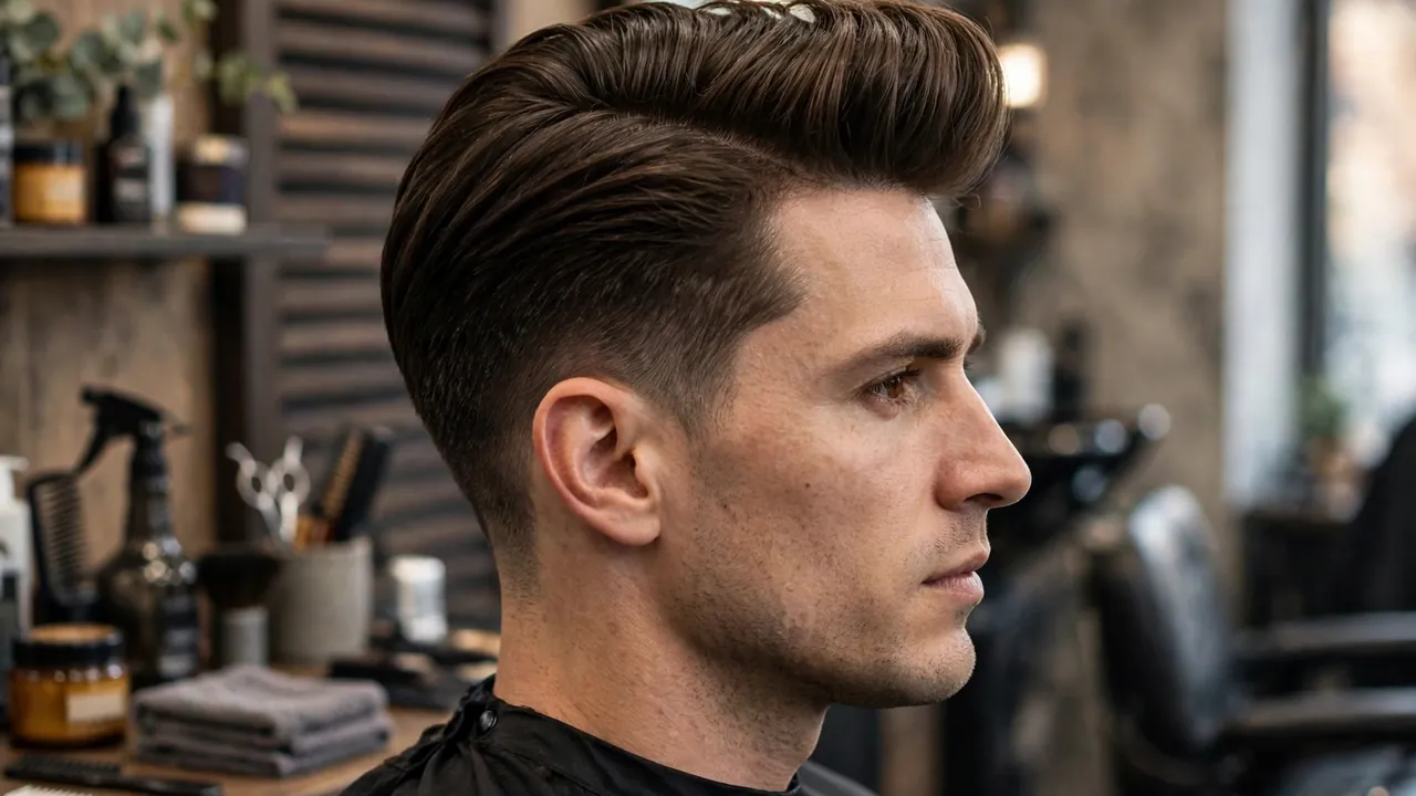 Modern pompadour side profile showing height and tapered sides