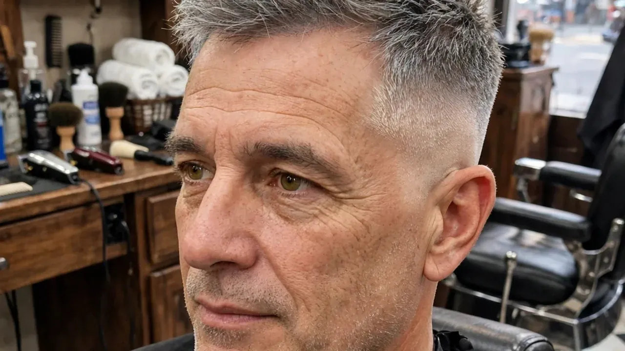 Salt and pepper taper fade haircut for men with a textured grey top