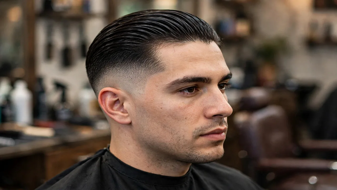Burst fade slick back with the fade curving around the ear and long hair combed back on top