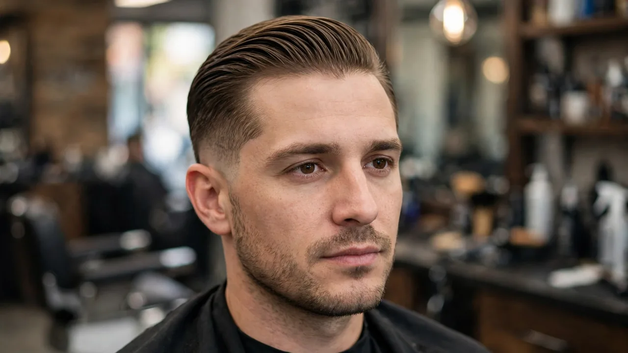 Low taper fade slick back with a subtle taper at the sideburns and neatly combed back top