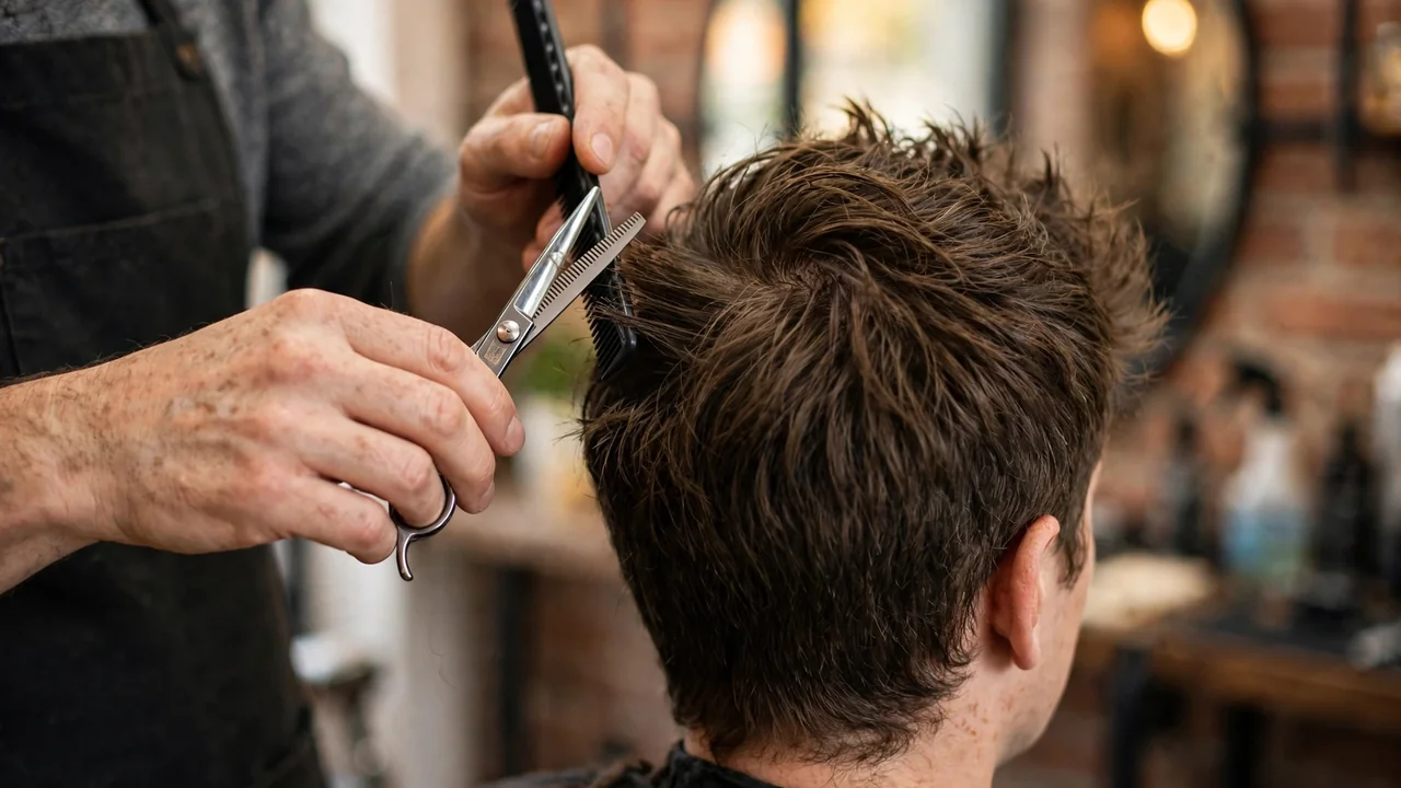 Barber cutting a textured scissor cut on top with shears and a comb