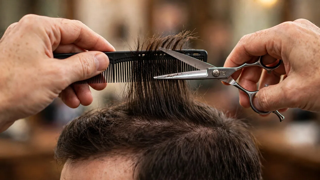 Barber performing scissor over comb technique for a scissor cut