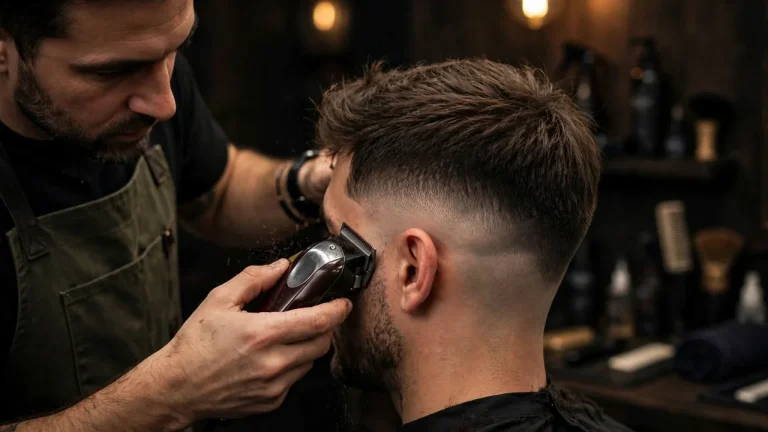Barber blending a shadow fade haircut with clippers in a barbershop