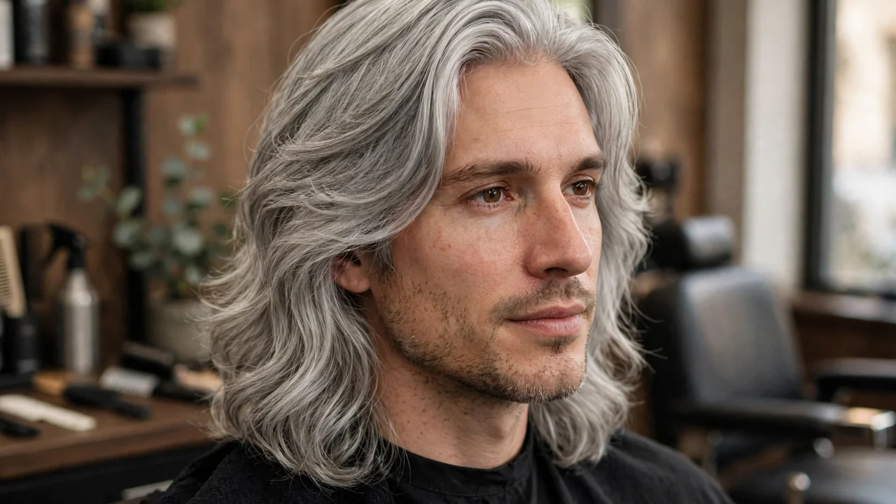 Long silver grey flow hairstyle for men with soft waves