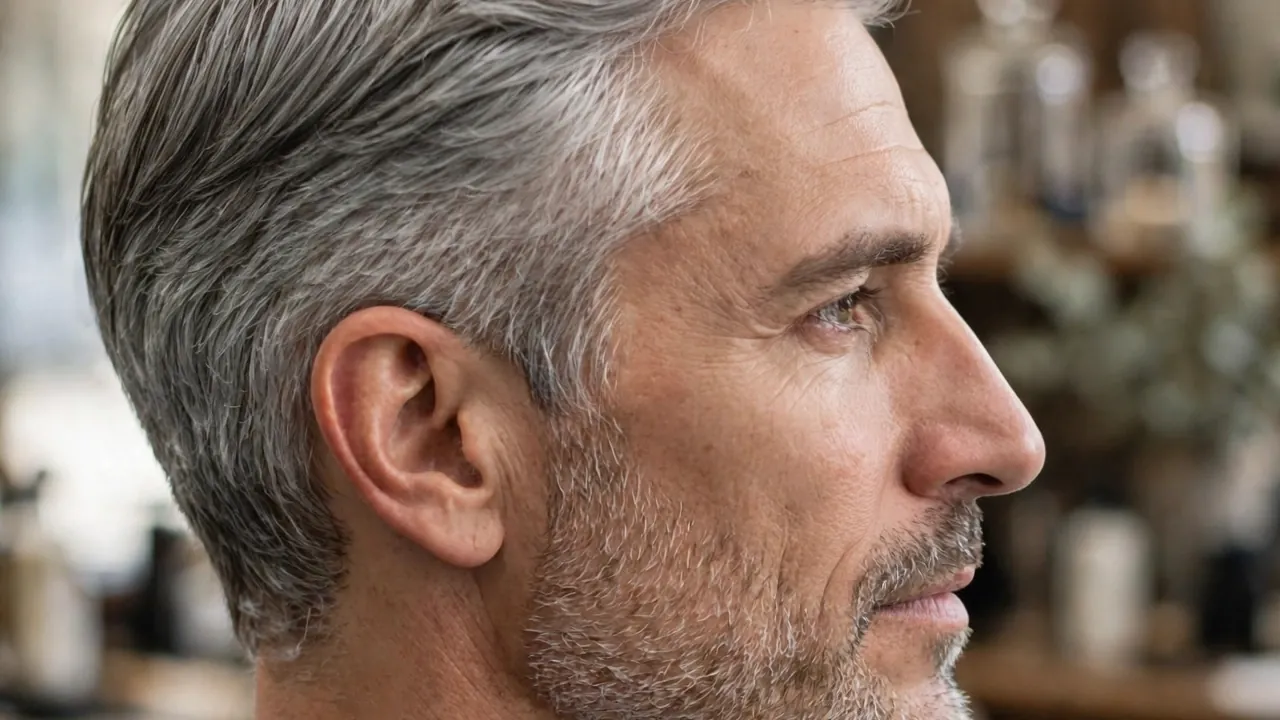 Silver grey side part hairstyle for men with a neatly trimmed beard