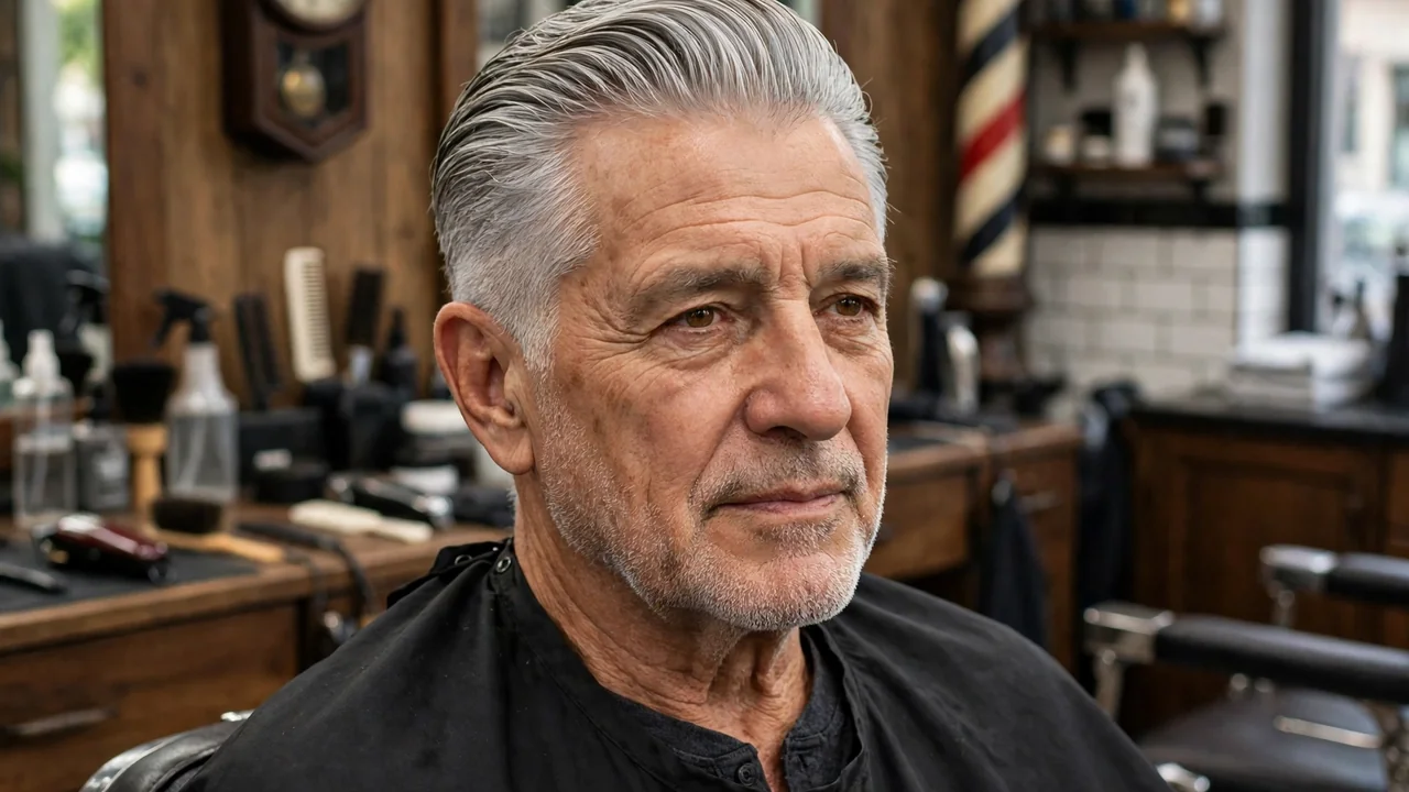 Silver grey slick back haircut for men with tapered sides