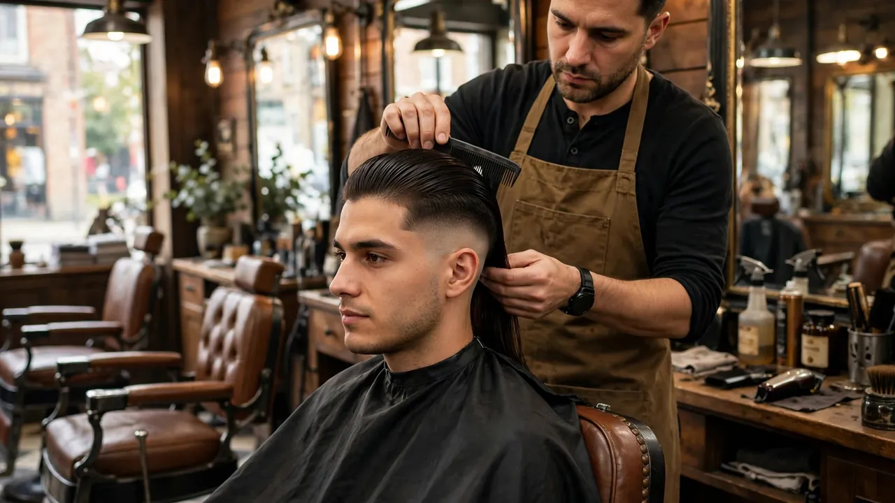 Barber combing back the top of a slick back undercut in a barbershop