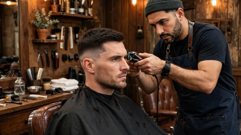 Barber giving a fade, one of the top haircuts for square face men, in a barbershop
