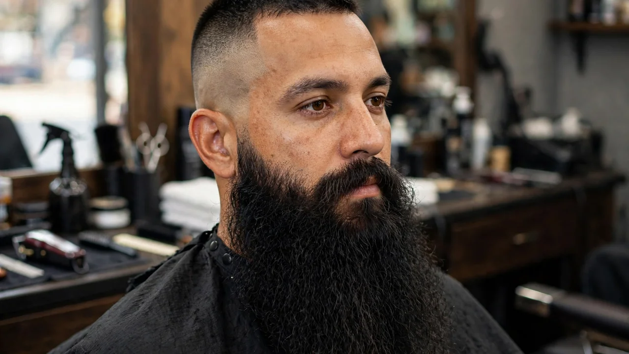 Man with a high taper fade and a full long beard, strong contrast between tight sides and heavy beard