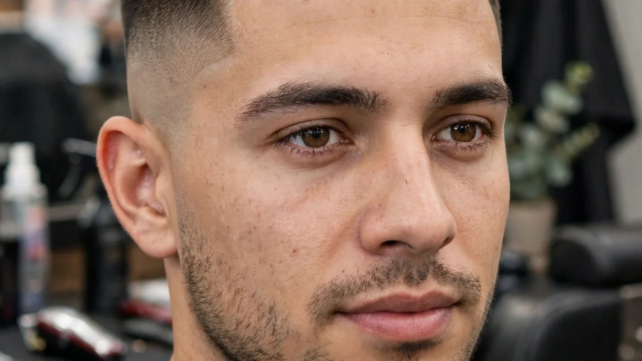 Man with a taper fade haircut and short even stubble on the jawline
