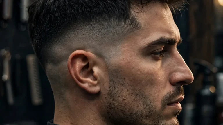 Temple fade haircut with a sharp lineup and textured top