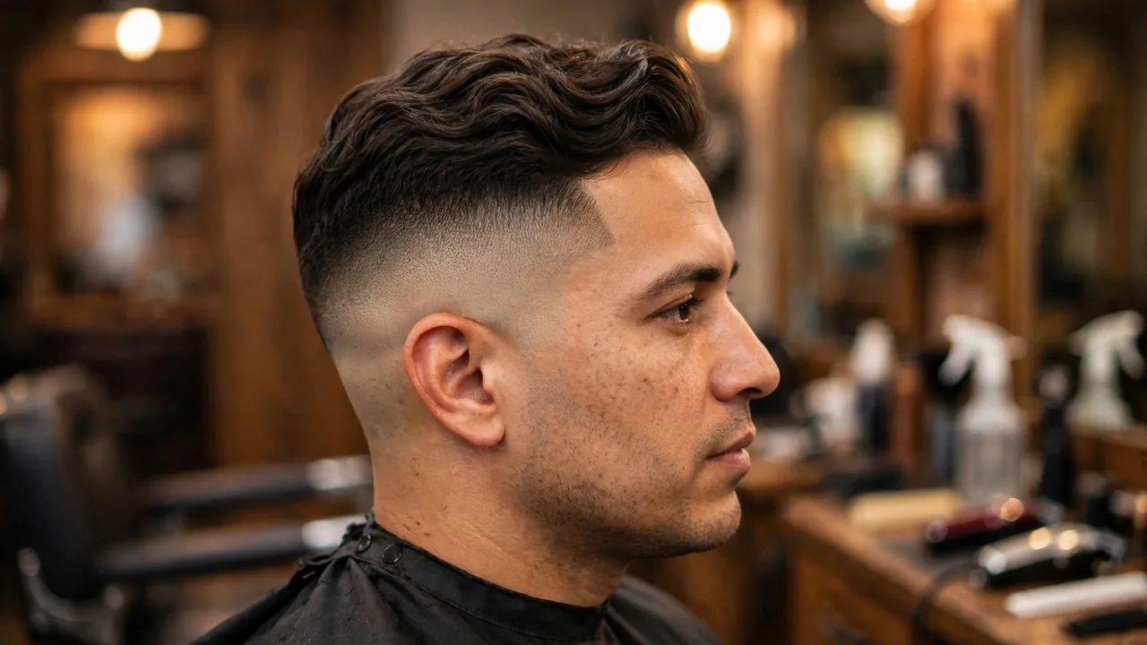 High temple fade with a tight blend and wavy top