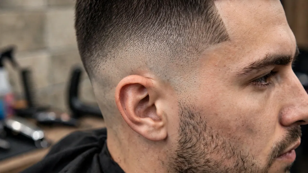 Low temple taper fade blended cleanly at the sideburn