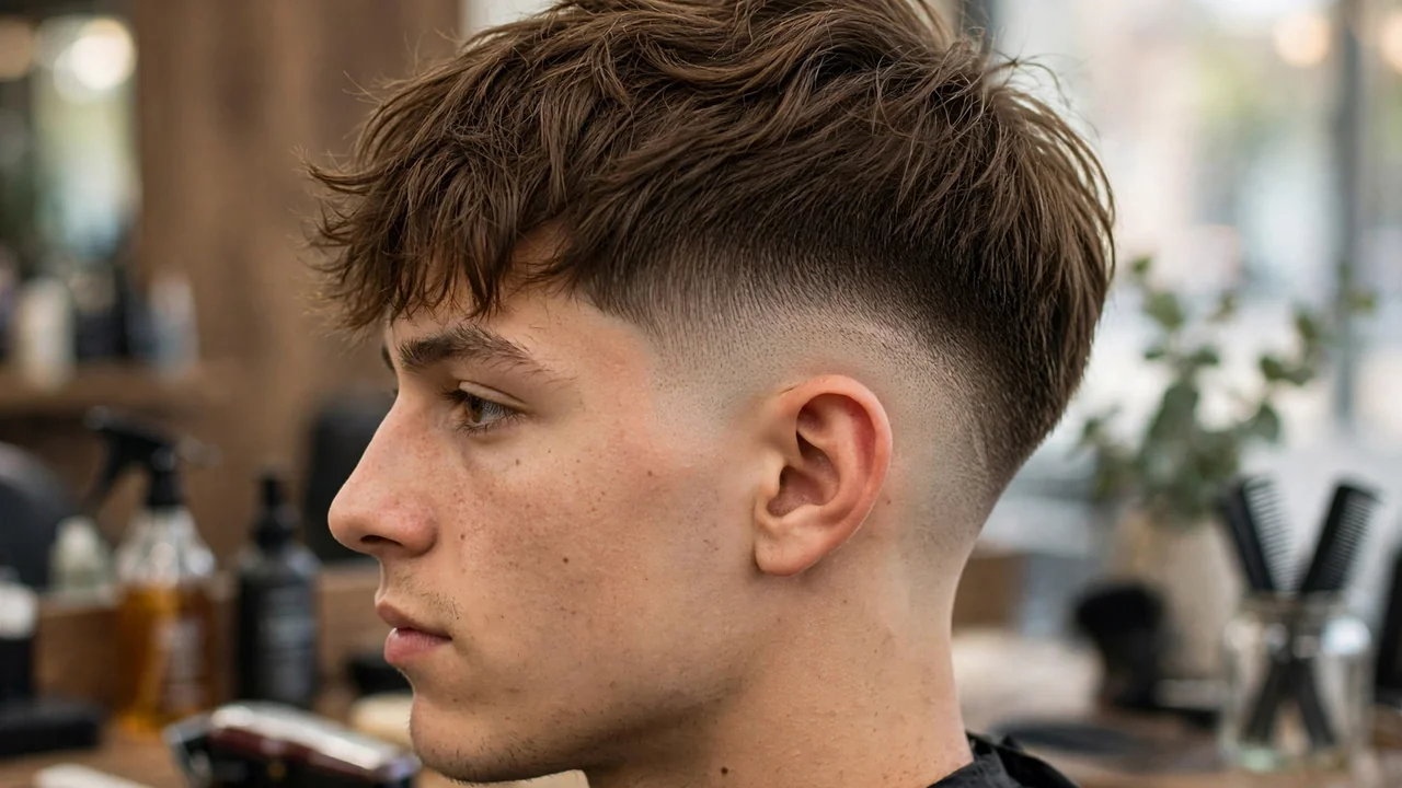 burst fade with textured fringe for men