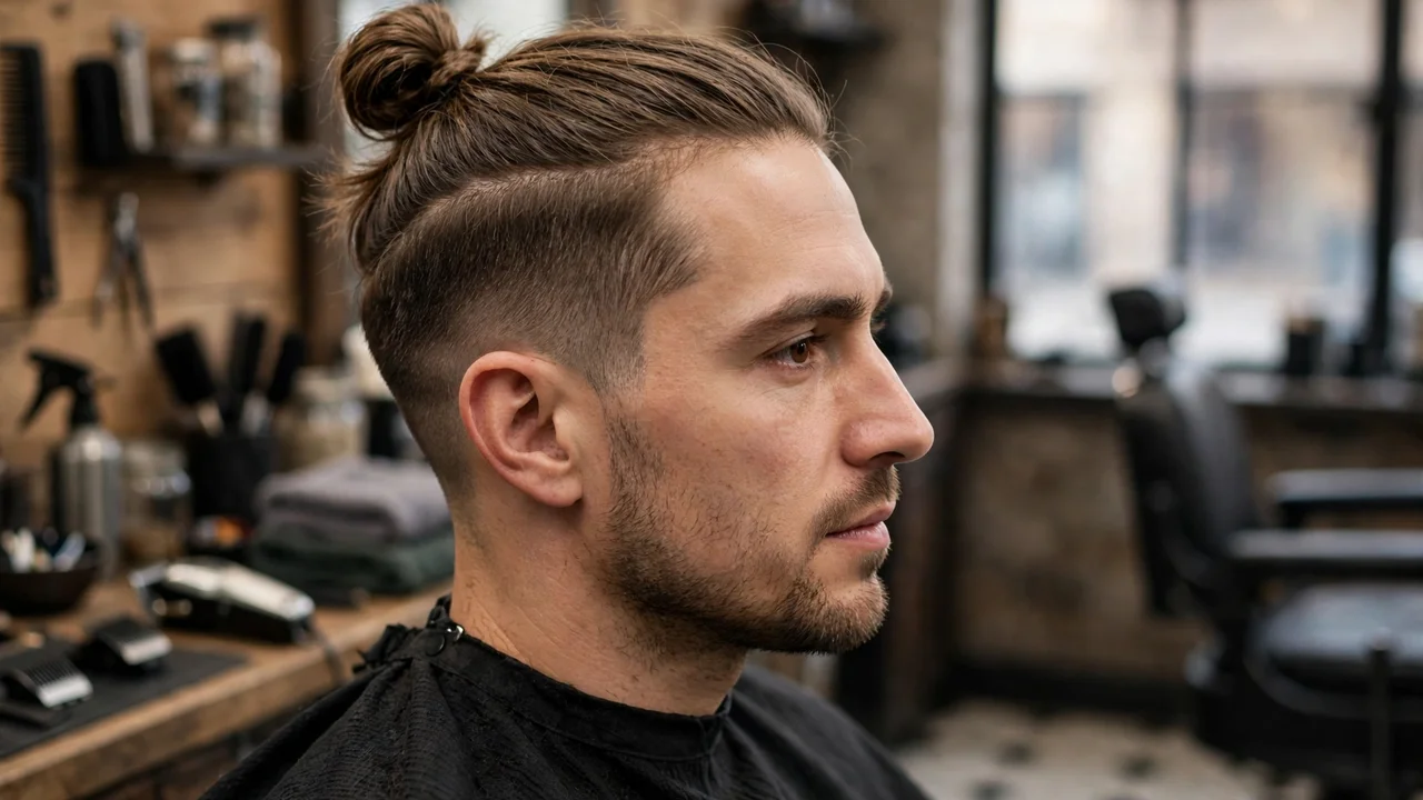 classic top knot men with short sides and a neat crown knot