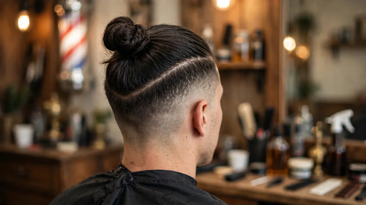 top knot men hairstyle with faded sides in a barbershop