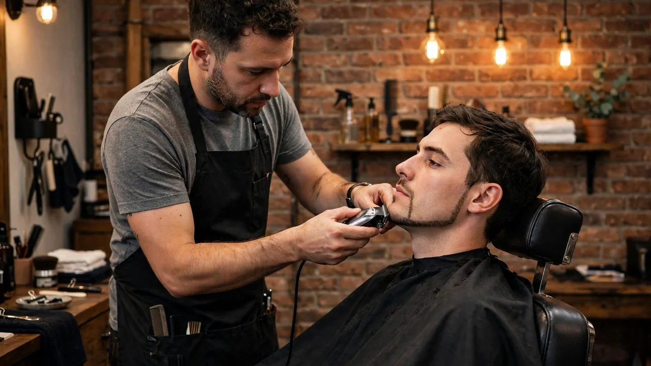 Barber trimming a thin chin strap beard with a precision trimmer