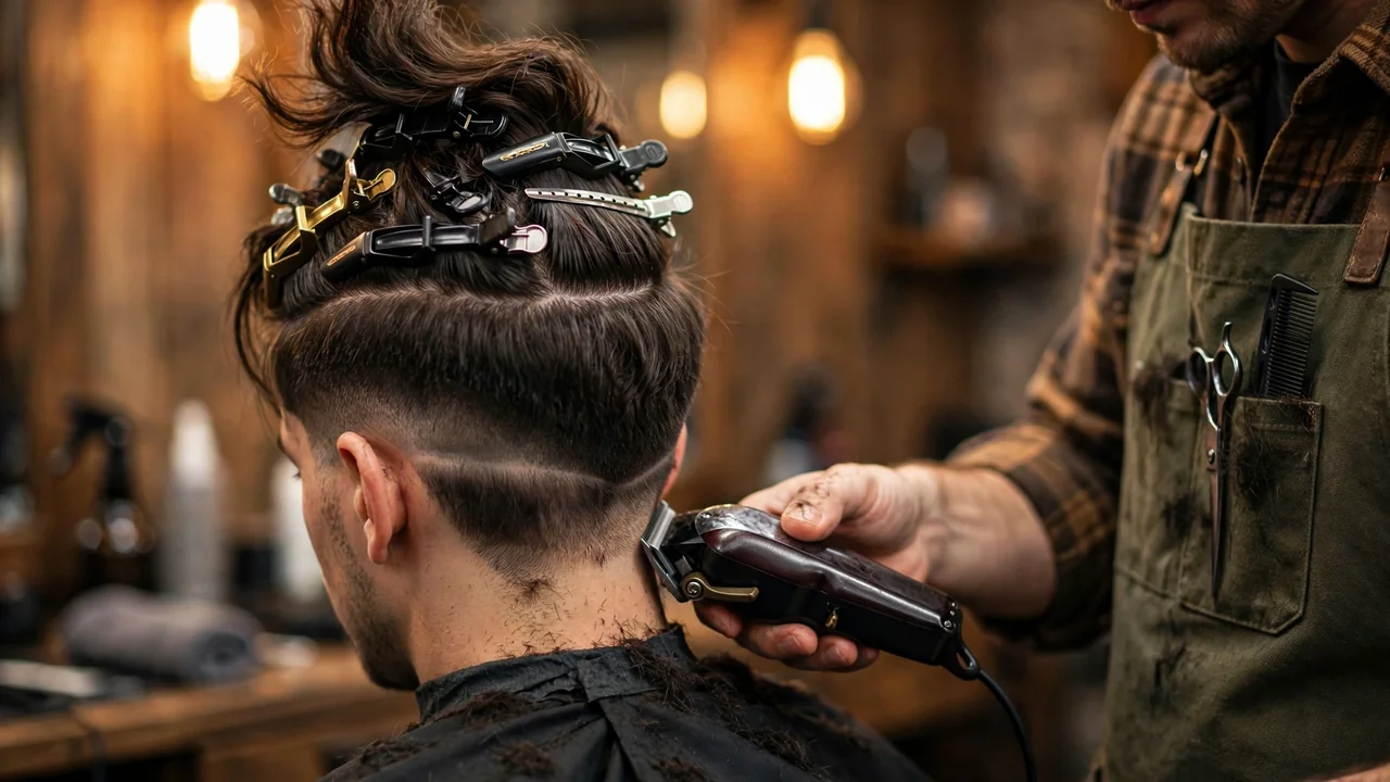 Barber clipping the short lower block of a two block haircut
