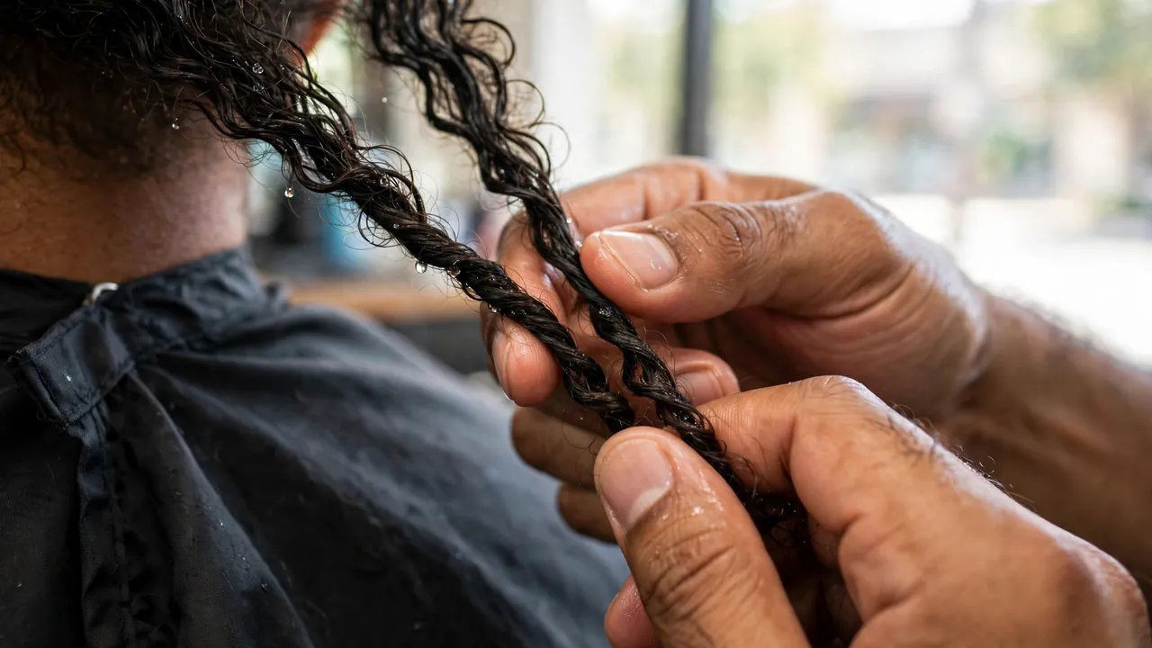 Barber hands twisting sections of hair into two strand twists for men