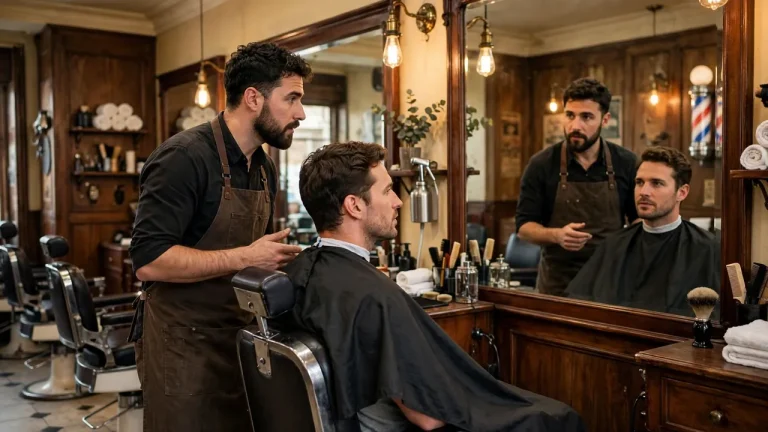 Barber consulting with a client about what haircut should he get in a barbershop
