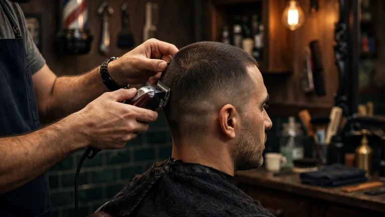 Widow's peak hairstyles for men, barber trimming hair in a classic barbershop