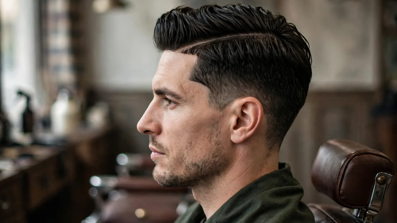 Side part haircut on a man with a widow's peak