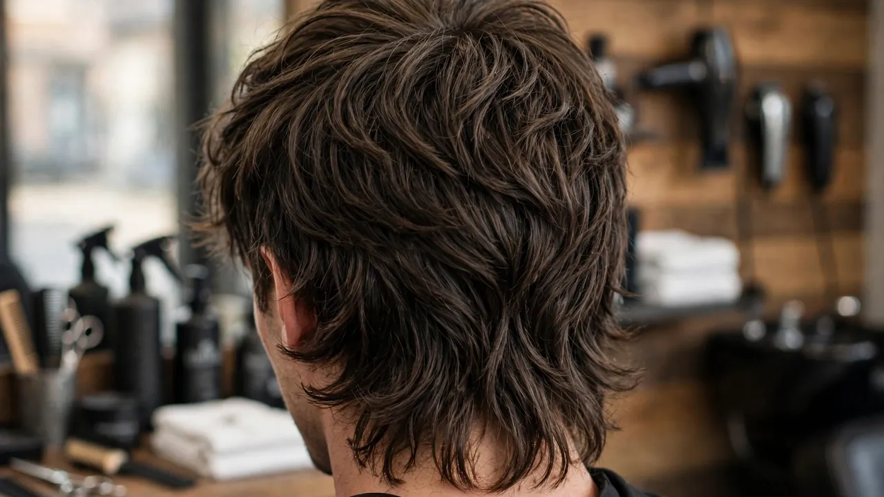 Wolf cut men back view showing layered mullet